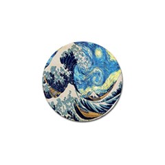 The Great Wave Of Kanagawa Painting Starry Night Van Gogh Golf Ball Marker by Sudheng