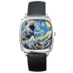 The Great Wave Of Kanagawa Painting Starry Night Van Gogh Square Metal Watch by Sudheng