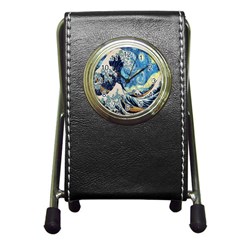 The Great Wave Of Kanagawa Painting Starry Night Van Gogh Pen Holder Desk Clock by Sudheng