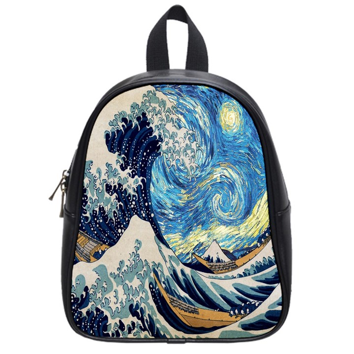 The Great Wave Of Kanagawa Painting Starry Night Van Gogh School Bag (Small)