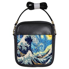 The Great Wave Of Kanagawa Painting Starry Night Van Gogh Girls Sling Bag by Sudheng