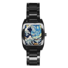 The Great Wave Of Kanagawa Painting Starry Night Van Gogh Stainless Steel Barrel Watch by Sudheng