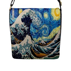 The Great Wave Of Kanagawa Painting Starry Night Van Gogh Flap Closure Messenger Bag (l) by Sudheng