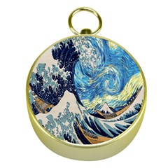 The Great Wave Of Kanagawa Painting Starry Night Van Gogh Gold Compasses by Sudheng