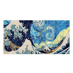 The Great Wave Of Kanagawa Painting Starry Night Van Gogh Satin Shawl 45  X 80  by Sudheng