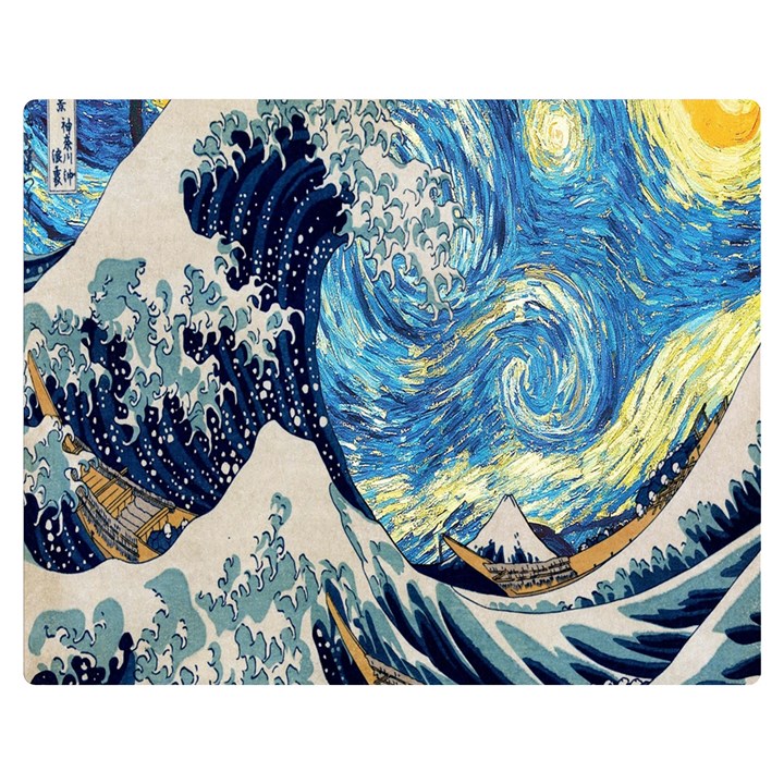 The Great Wave Of Kanagawa Painting Starry Night Van Gogh Premium Plush Fleece Blanket (Medium)