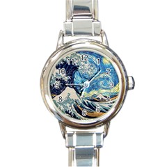 Starry Night Hokusai Van Gogh The Great Wave Off Kanagawa Round Italian Charm Watch