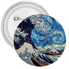 Starry Night Hokusai Van Gogh The Great Wave Off Kanagawa 3  Buttons by Sudheng