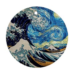 Starry Night Hokusai Van Gogh The Great Wave Off Kanagawa Ornament (round) by Sudheng