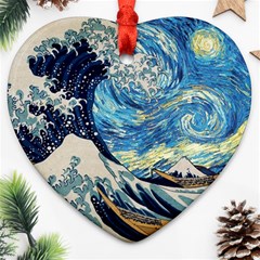 Starry Night Hokusai Van Gogh The Great Wave Off Kanagawa Ornament (heart)