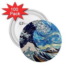 Starry Night Hokusai Van Gogh The Great Wave Off Kanagawa 2 25  Buttons (100 Pack)  by Sudheng