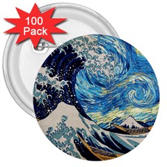 Starry Night Hokusai Van Gogh The Great Wave Off Kanagawa 3  Buttons (100 Pack)  by Sudheng