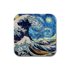 Starry Night Hokusai Van Gogh The Great Wave Off Kanagawa Rubber Square Coaster (4 Pack) by Sudheng