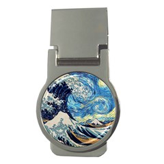 Starry Night Hokusai Van Gogh The Great Wave Off Kanagawa Money Clips (round)  by Sudheng