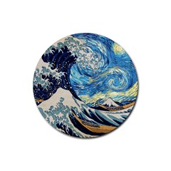 Starry Night Hokusai Van Gogh The Great Wave Off Kanagawa Rubber Coaster (round) by Sudheng