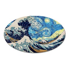 Starry Night Hokusai Van Gogh The Great Wave Off Kanagawa Oval Magnet by Sudheng