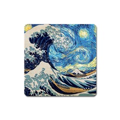 Starry Night Hokusai Van Gogh The Great Wave Off Kanagawa Square Magnet by Sudheng