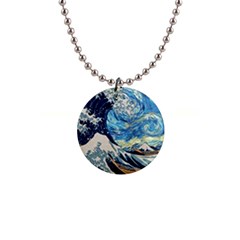 Starry Night Hokusai Van Gogh The Great Wave Off Kanagawa 1  Button Necklace by Sudheng