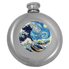 Starry Night Hokusai Van Gogh The Great Wave Off Kanagawa Round Hip Flask (5 Oz) by Sudheng