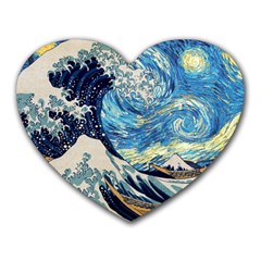 Starry Night Hokusai Van Gogh The Great Wave Off Kanagawa Heart Mousepad by Sudheng