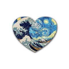 Starry Night Hokusai Van Gogh The Great Wave Off Kanagawa Rubber Coaster (heart) by Sudheng