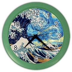 Starry Night Hokusai Van Gogh The Great Wave Off Kanagawa Color Wall Clock by Sudheng