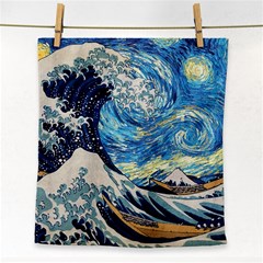 Starry Night Hokusai Van Gogh The Great Wave Off Kanagawa Face Towel by Sudheng