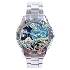 Starry Night Hokusai Van Gogh The Great Wave Off Kanagawa Stainless Steel Analogue Watch by Sudheng