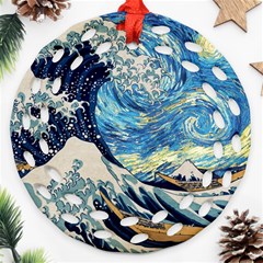 Starry Night Hokusai Van Gogh The Great Wave Off Kanagawa Round Filigree Ornament (two Sides) by Sudheng