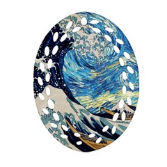 Starry Night Hokusai Van Gogh The Great Wave Off Kanagawa Ornament (oval Filigree) by Sudheng