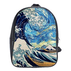 Starry Night Hokusai Van Gogh The Great Wave Off Kanagawa School Bag (xl) by Sudheng