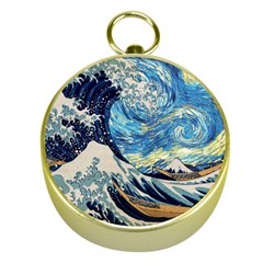 Starry Night Hokusai Van Gogh The Great Wave Off Kanagawa Gold Compasses by Sudheng