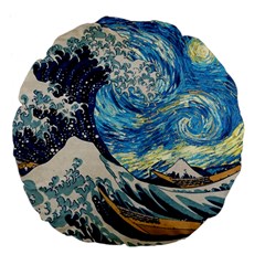 Starry Night Hokusai Van Gogh The Great Wave Off Kanagawa Large 18  Premium Flano Round Cushions by Sudheng