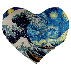 Starry Night Hokusai Van Gogh The Great Wave Off Kanagawa Large 19  Premium Flano Heart Shape Cushions by Sudheng