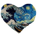 Starry Night Hokusai Van Gogh The Great Wave Off Kanagawa Large 19  Premium Flano Heart Shape Cushions Front