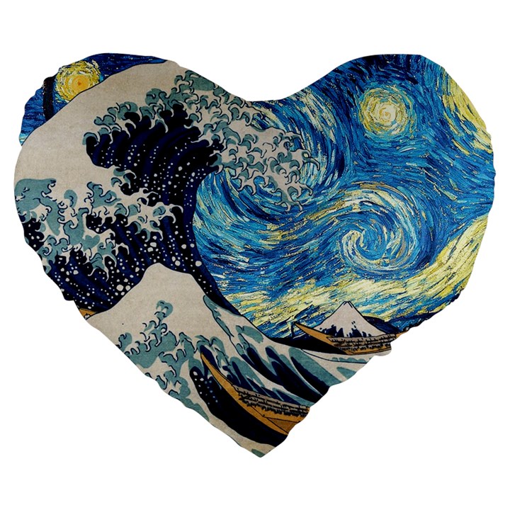 Starry Night Hokusai Van Gogh The Great Wave Off Kanagawa Large 19  Premium Flano Heart Shape Cushions