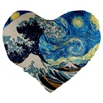 Starry Night Hokusai Van Gogh The Great Wave Off Kanagawa Large 19  Premium Flano Heart Shape Cushions Back