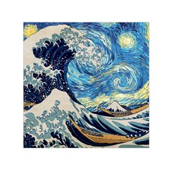 Starry Night Hokusai Van Gogh The Great Wave Off Kanagawa Square Satin Scarf (30  X 30 ) by Sudheng