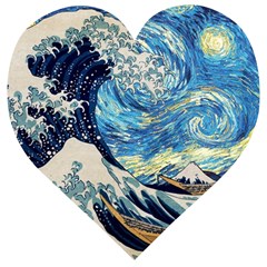 Starry Night Hokusai Van Gogh The Great Wave Off Kanagawa Wooden Puzzle Heart by Sudheng