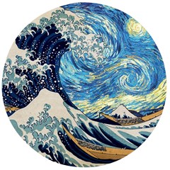 Starry Night Hokusai Van Gogh The Great Wave Off Kanagawa Wooden Bottle Opener (round) by Sudheng