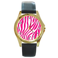 Pink Fucsia Zebra Vibes Animal Print Round Gold Metal Watch by ConteMonfrey