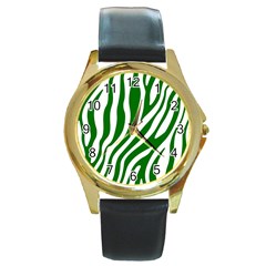 Dark Green Zebra Vibes Animal Print Round Gold Metal Watch by ConteMonfrey