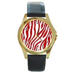 Red Zebra Vibes Animal Print  Round Gold Metal Watch by ConteMonfrey