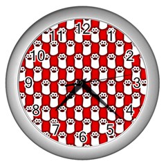 Red And White Cat Paws Wall Clock (silver) by ConteMonfrey