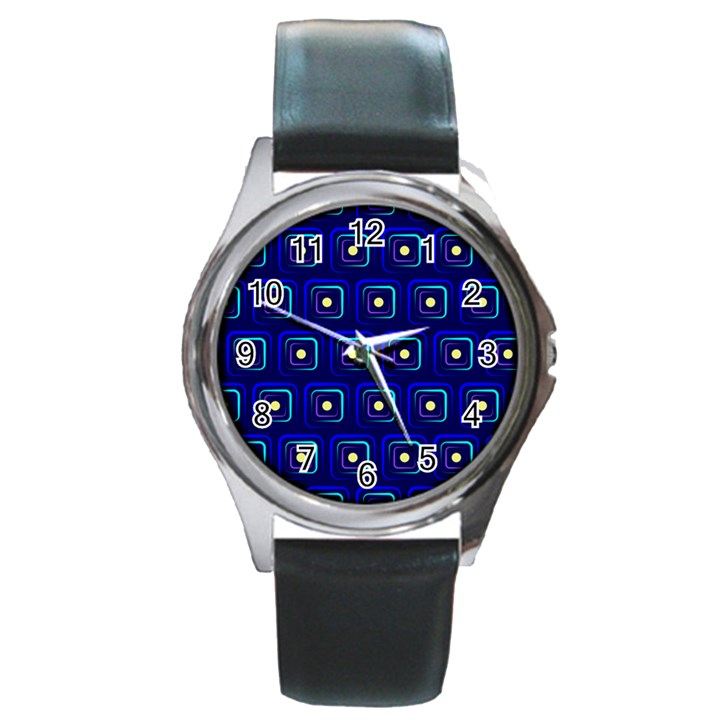 Blue Neon Squares - Modern Abstract Round Metal Watch