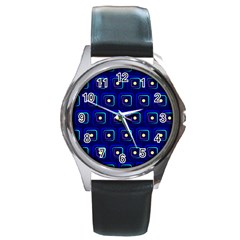 Blue Neon Squares - Modern Abstract Round Metal Watch by ConteMonfrey