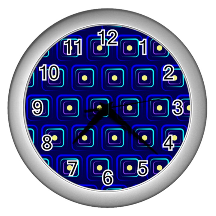 Blue Neon Squares - Modern Abstract Wall Clock (Silver)