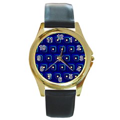 Blue Neon Squares - Modern Abstract Round Gold Metal Watch by ConteMonfrey