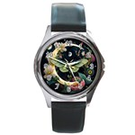 Flower Mot Moon Star Planet Round Metal Watch Front