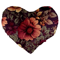 Flowers Pattern Large 19  Premium Flano Heart Shape Cushions by Simbadda